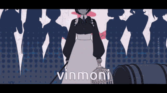 a girl in a maid outfit is holding a bird cage and the word vinmoni is on the bottom of the image