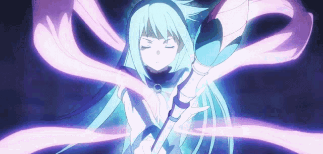 a girl with long blue hair is holding a sword in her hands .