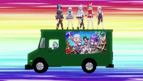 a green truck with a picture of anime characters on the side