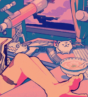 a cartoon drawing of a woman laying on the floor with a bowl of soup