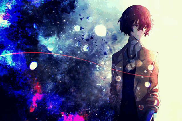 a man in a suit and tie stands in front of a galaxy