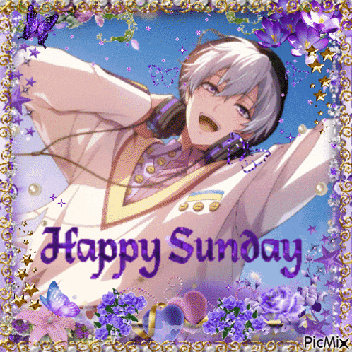 a picture of a boy with headphones and the words happy sunday on the bottom