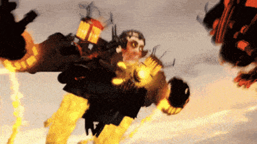 a cartoon character is flying through the air with flames coming out of his chest