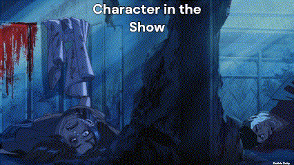 a cartoon of a character in the show with blood coming out of their mouth