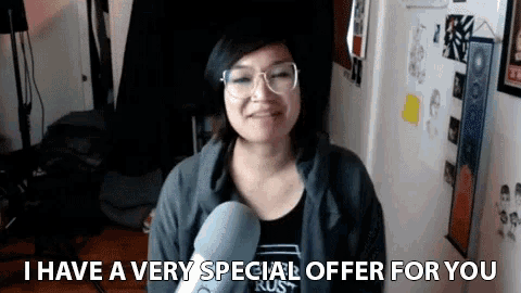 a woman with glasses and a microphone says that she has a very special offer for you