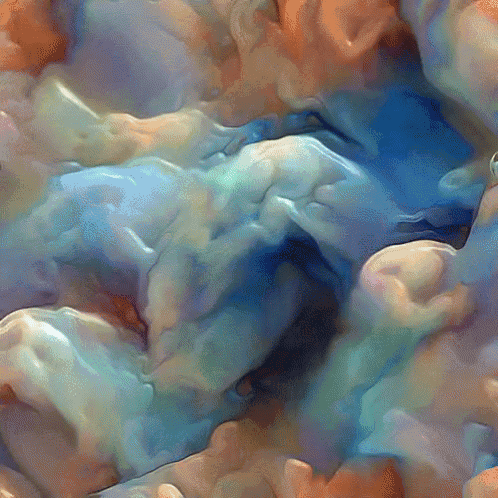 a painting of a cloudy sky with blue and orange colored clouds