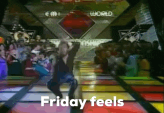 a man is dancing on a colorful dance floor with the words friday feels written on it
