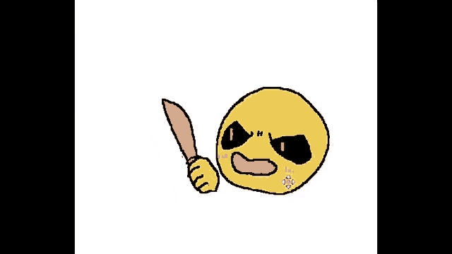 a yellow smiley face is holding a knife .