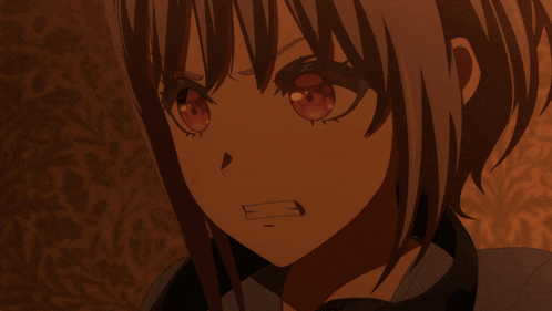 a girl with short hair and red eyes looks angry