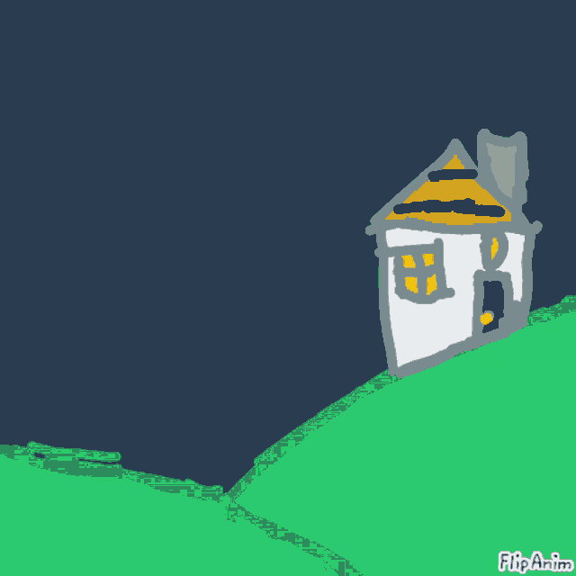a drawing of a house on a hill with the sun shining behind it and the words flipanim below it