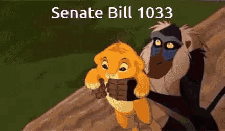 a lion and a baboon from the lion king with senate bill 1033 written above them
