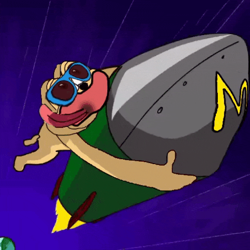 a cartoon of a pug wearing goggles and a rocket with the letter m on it