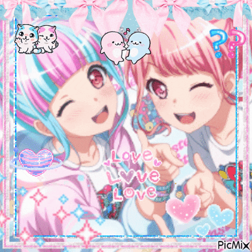 a picture of two anime girls with the words love love love