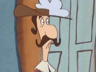 a cartoon man with a mustache and hat is standing in front of a door .