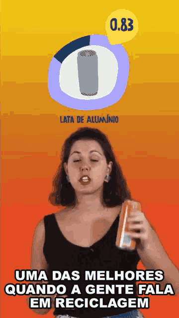 a woman in a black tank top holds a can of soda with a purple circle around it that says lata de aluminio