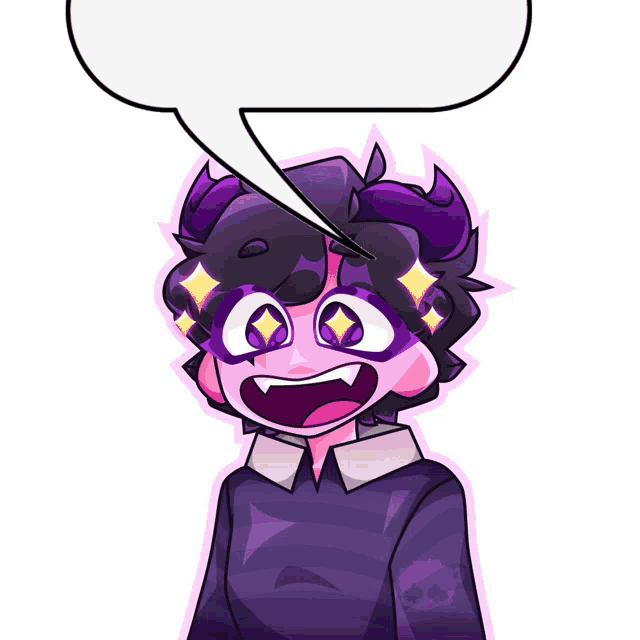 a cartoon character with purple horns and a speech bubble above his head