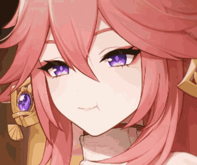 a close up of a anime girl with pink hair and purple eyes