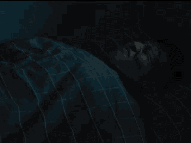 a person laying in bed with a blue blanket