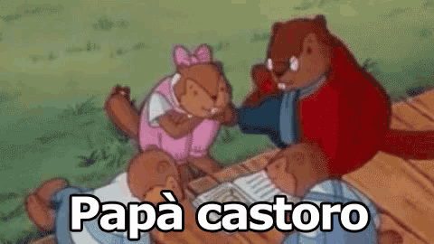 a group of beaver cartoon characters are sitting on a wooden table and talking to each other .