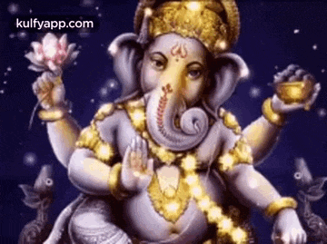 a painting of a ganesha holding a lotus flower and a bowl of gold .