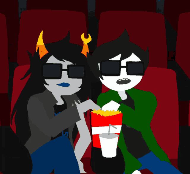 a couple of cartoon characters are sitting in a theater eating popcorn