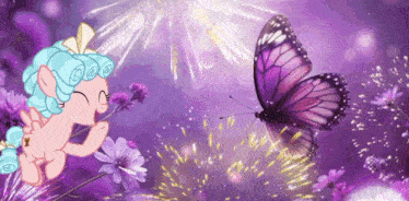 a purple butterfly is sitting on a purple flower with a pony in the background
