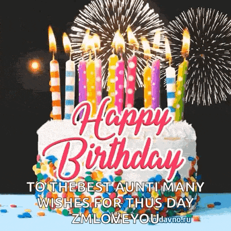 a birthday cake with candles and fireworks in the background .