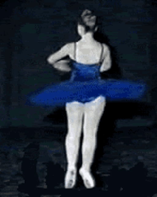 a ballerina in a blue dress is dancing with her arms outstretched .