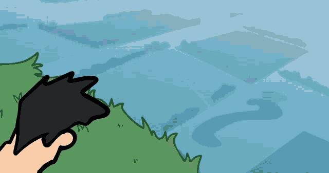 a cartoon drawing of a person standing on a cliff