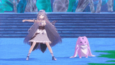 a girl in a white dress is standing next to a pink rabbit