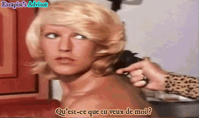a woman is being shaved by a man with the words escapist 's advisor on the bottom