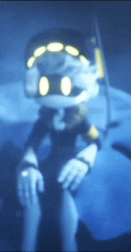 a cartoon character is sitting on a couch in a dark room with a blue background .