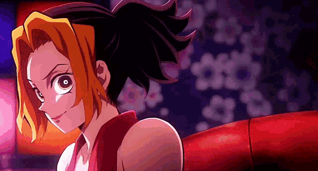 a close up of a cartoon character with a ponytail looking at the camera