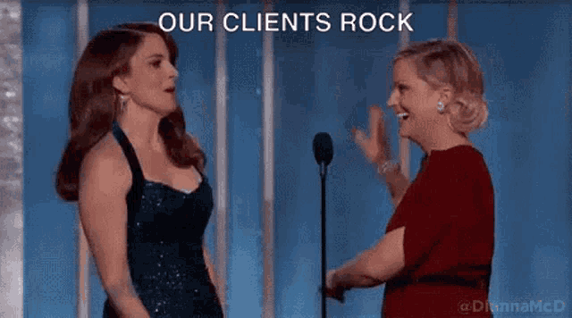 two women are standing in front of a microphone with the words our clients rock above them