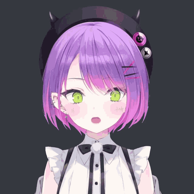 a girl with purple hair and green eyes is wearing a hat with horns