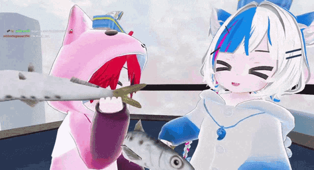 a girl in a pink cat costume is holding a fish
