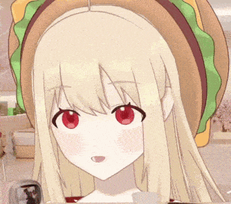 a blonde anime girl with red eyes is wearing a hamburger hat
