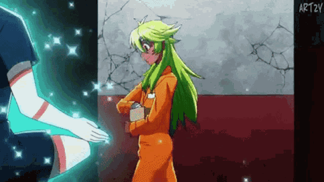 a girl with green hair is standing next to a man in an orange suit