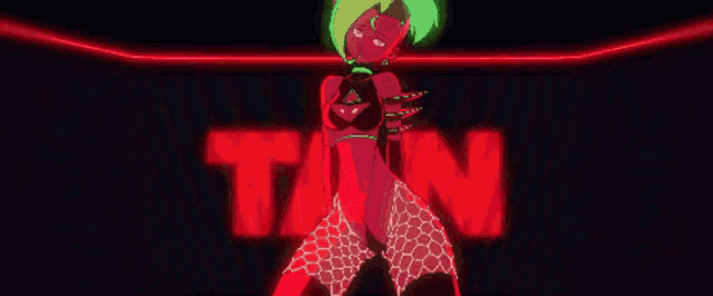 a cartoon character is dancing in a dark room with a red light behind her