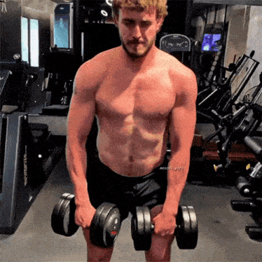 a shirtless man lifting dumbbells in a gym