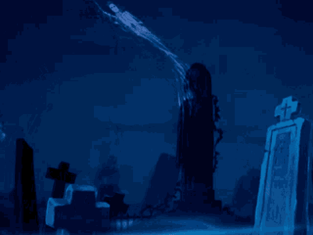 a cemetery with a cross and a ghost in the background