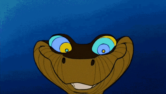 a close up of a cartoon snake with a blue background
