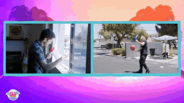 a picture of a man holding a microphone and a picture of a man throwing a ball