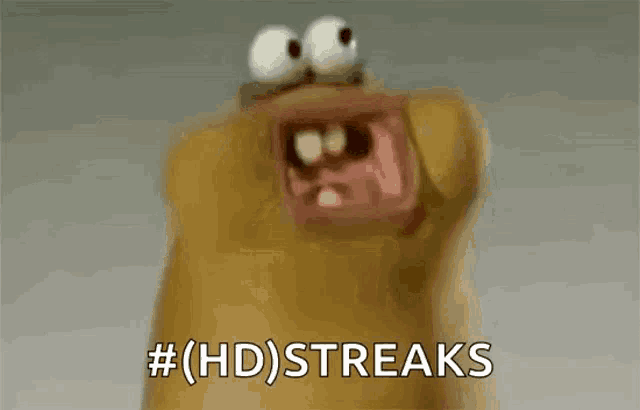 a close up of a cartoon character with its mouth open and the words `` hd streaks '' written on it .