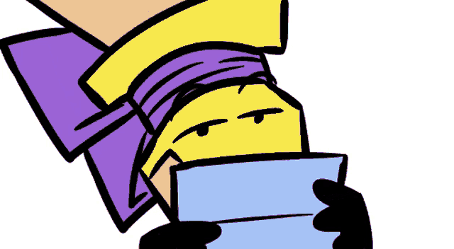 a cartoon drawing of a person holding a piece of paper with a purple scarf around their head