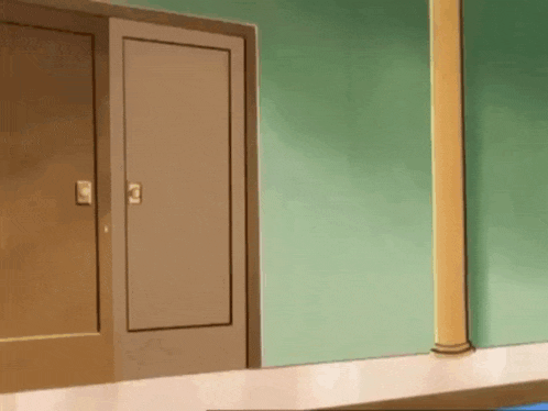 a cartoon drawing of a room with two doors and a yellow pole .