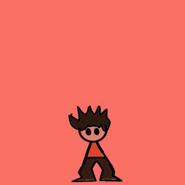 a stick figure with a red shirt and black pants is standing on a red background