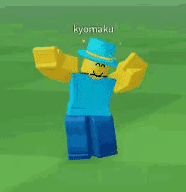 a roblox character wearing a blue shirt and a blue hat is dancing in a field .