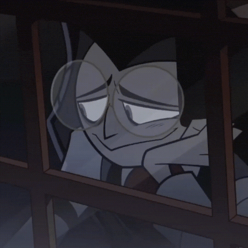 a cartoon of a man wearing glasses looking out a window