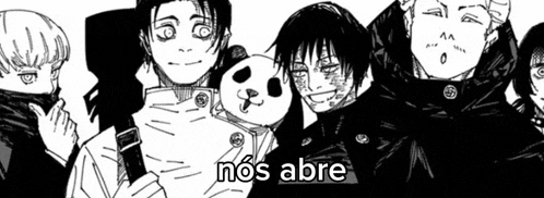 a black and white drawing of a group of people standing next to each other with a panda mask .